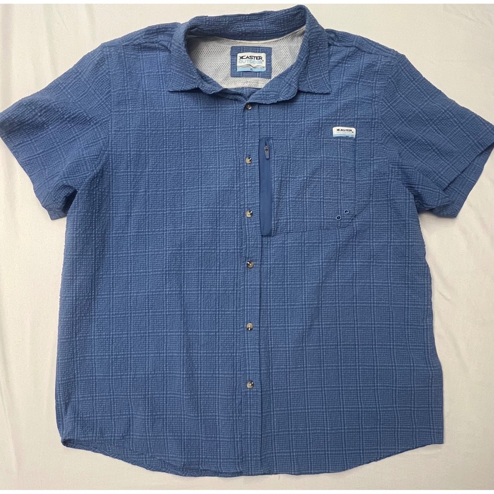 XCaster Outdoor Men's XL Blue Vented Fishing Hiking Shirt Zip Pocket Short Sleev